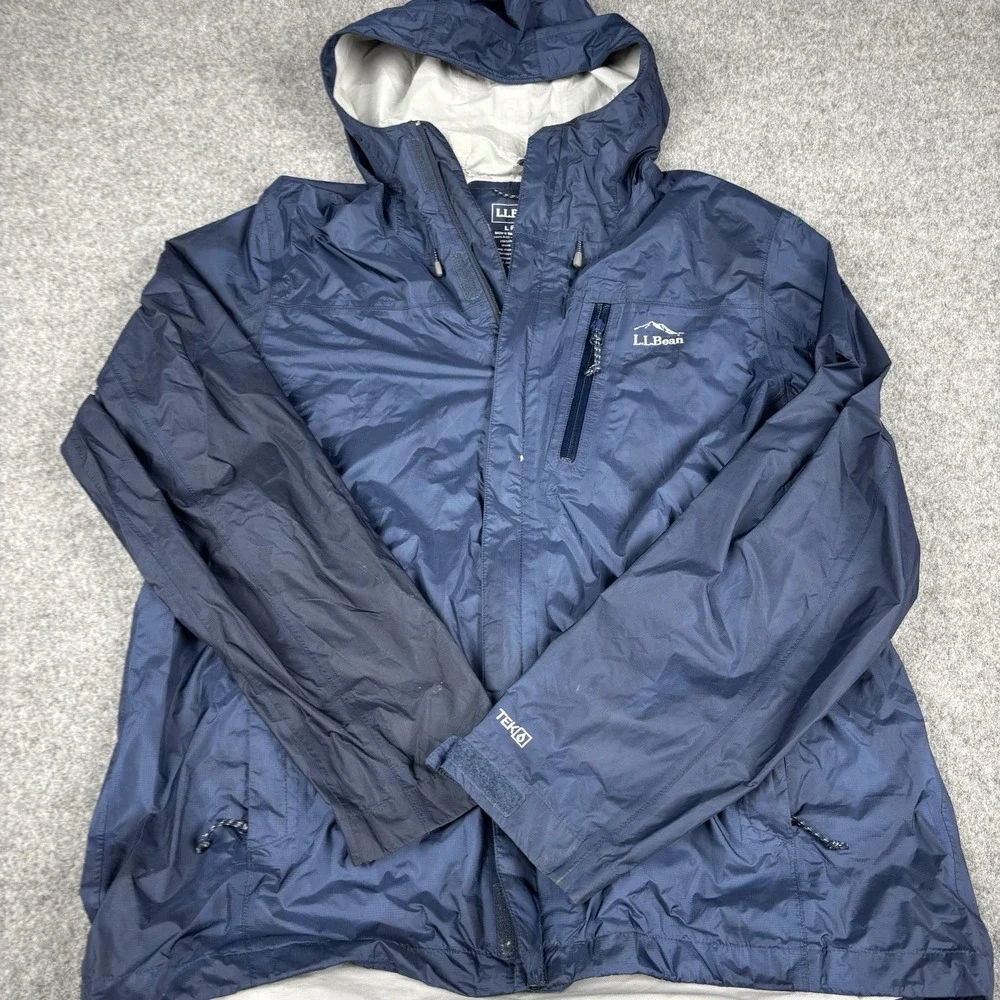 LL Bean TEK Jacket Mens Large‎ Blue Hooded Full Zip Rain Windbreaker Coat Casual